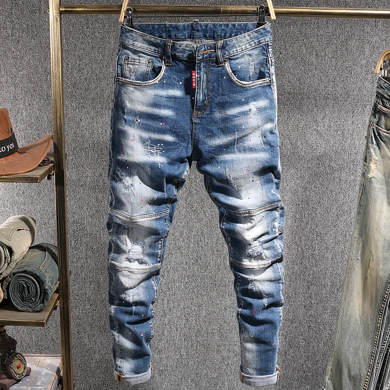 

Джинсы мужские в стиле ретро, модные рваные брюки-карандаш из денима в европейском уличном стиле, светло-голубые, стрейчевые, в стиле хип-хоп