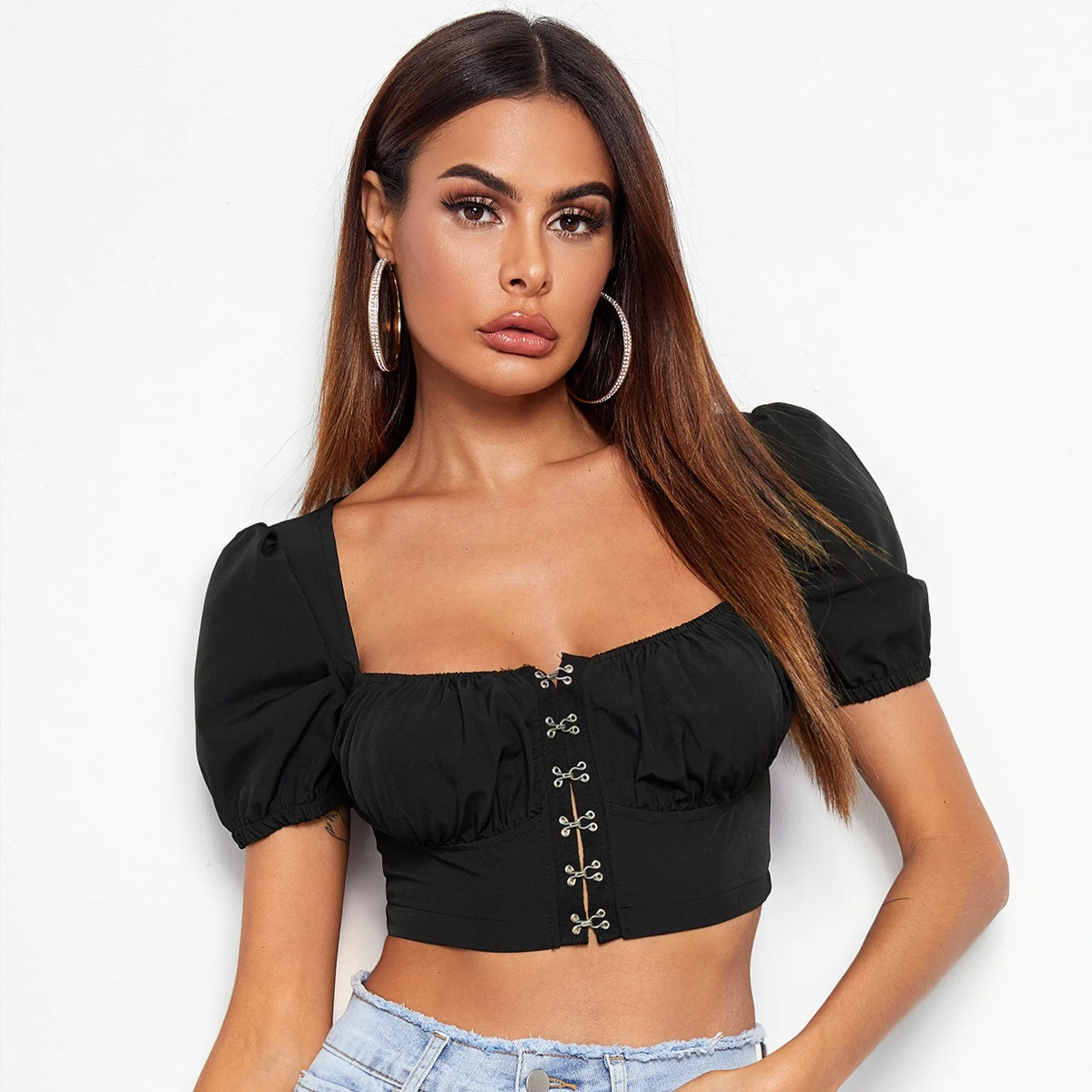 New Trendy Women Clothes Female Summer Sexy Tshirt Button Square Neck Puff Short Sleeve Tops Slim Pullover T-shirts Crop Top
New Trendy Women Clothes Female Summer Sexy Tshirt Button Square Neck Puff Short Sleeve Tops Slim Pullover T-shirts Crop Top