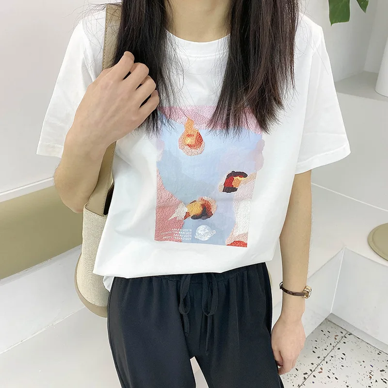 Soft Pure Cotton Print Women T-shirts Round Neck Short Sleeve 2021 Summer Creative Print Loose Cotton T-shirts Women Casual Tops
Soft Pure Cotton Print Women T-shirts Round Neck Short Sleeve 2021 Summer Creative Print Loose Cotton T-shirts Women Casual Tops