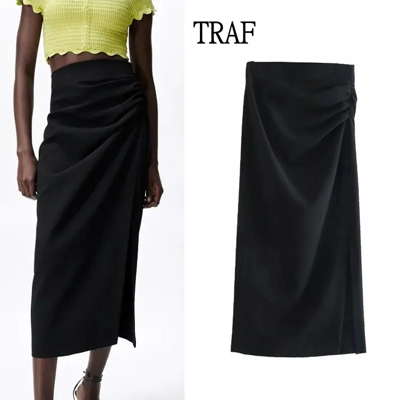 

TRAF Women Skirts 2021 Y2k Summer Vintage Black Ruched High-Waisted Midi Skirt Woman Elegant Back Zipper Split Female Skirts