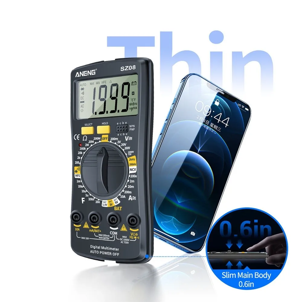 ANENG SZ08 Цифровой мультиметр Smart NCV Портативный ЖК-дисплей 1999 отсчетов диодный автоматический Вольтметр AC DC 220 В тесты ers с испытательным выводо...
ANENG SZ08 Цифровой мультиметр Smart NCV Портативный ЖК-дисплей 1999 отсчетов диодный автоматический Вольтметр AC DC 220 В тесты ers с испытательным выводо...