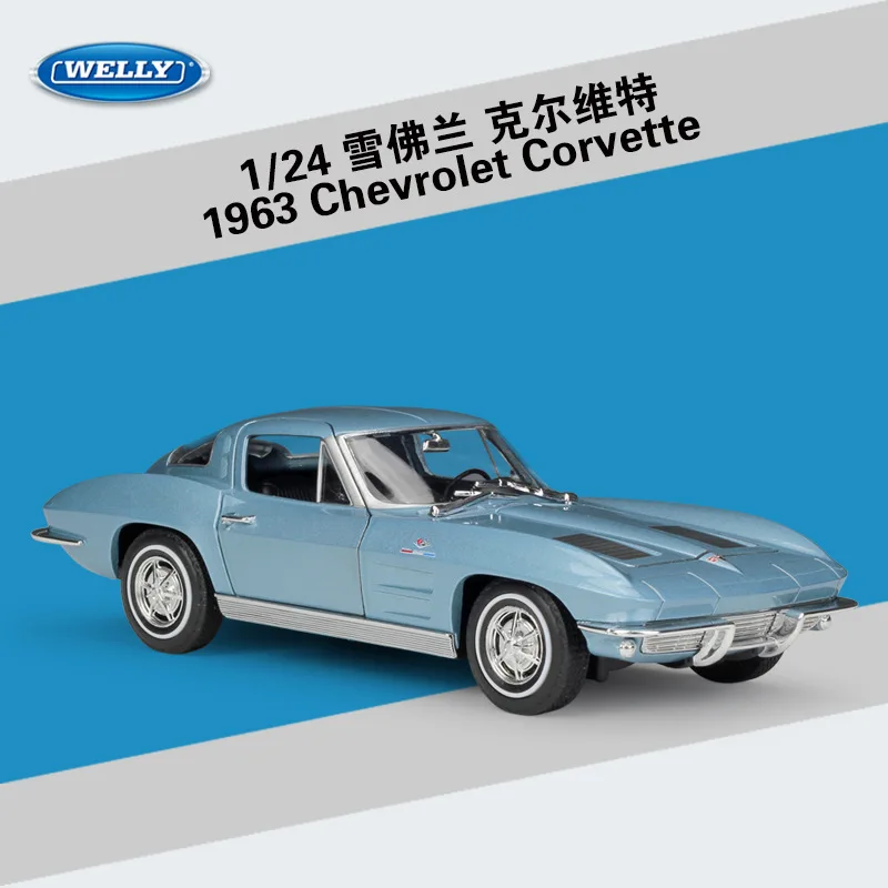 

Модель автомобиля из сплава под давлением WELLY 1:24 Chevrolet 1963 Corvette, модель статического автомобиля, коллекция игрушек, украшение, сувенирные укр...