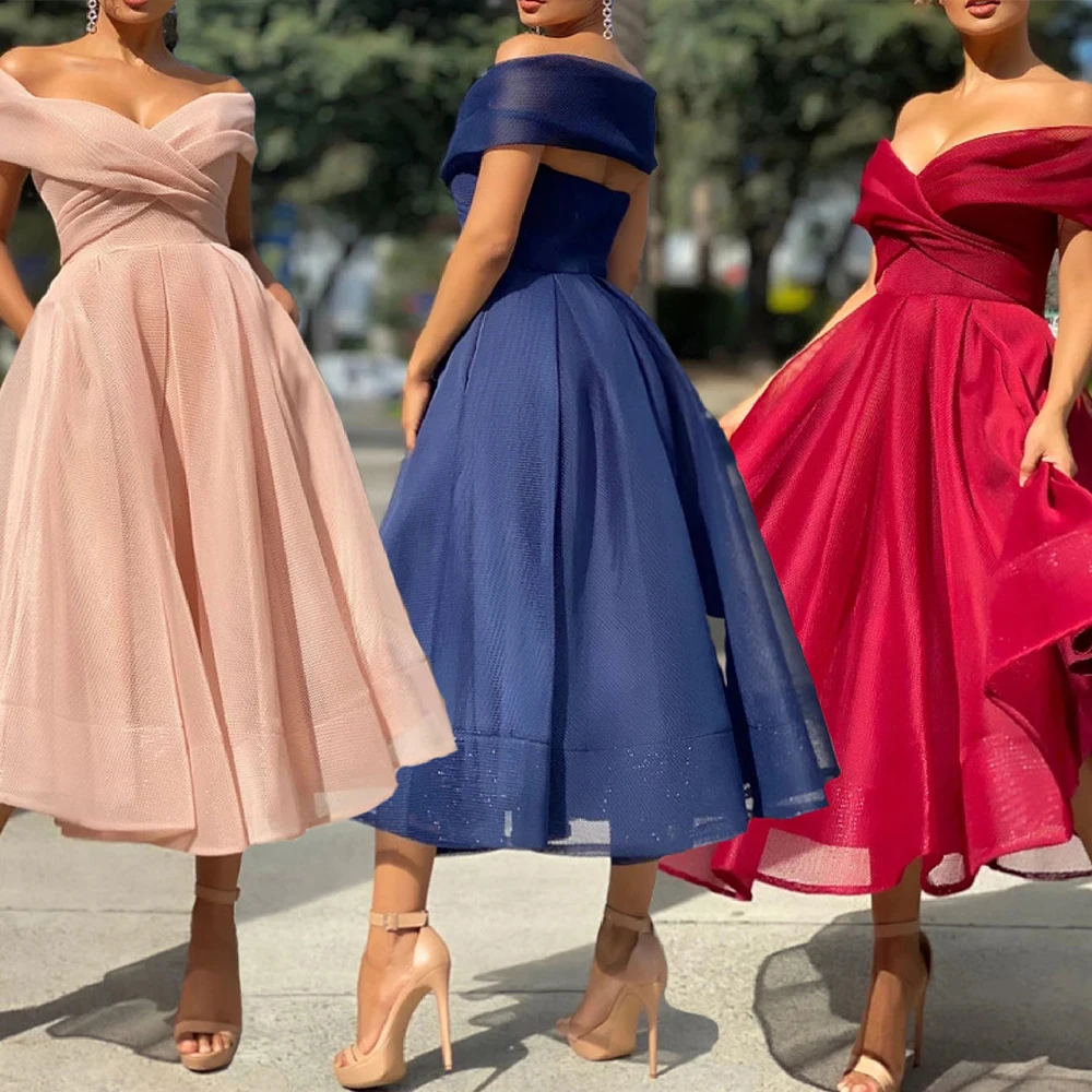Red Tulle Evening Dresses 2021Women Off-Shoulder Tea-Length V-Neck Pink Prom Dress Simple Blue Elegant Stole Vestidos De Fiesta 
Red Tulle Evening Dresses 2021Women Off-Shoulder Tea-Length V-Neck Pink Prom Dress Simple Blue Elegant Stole Vestidos De Fiesta