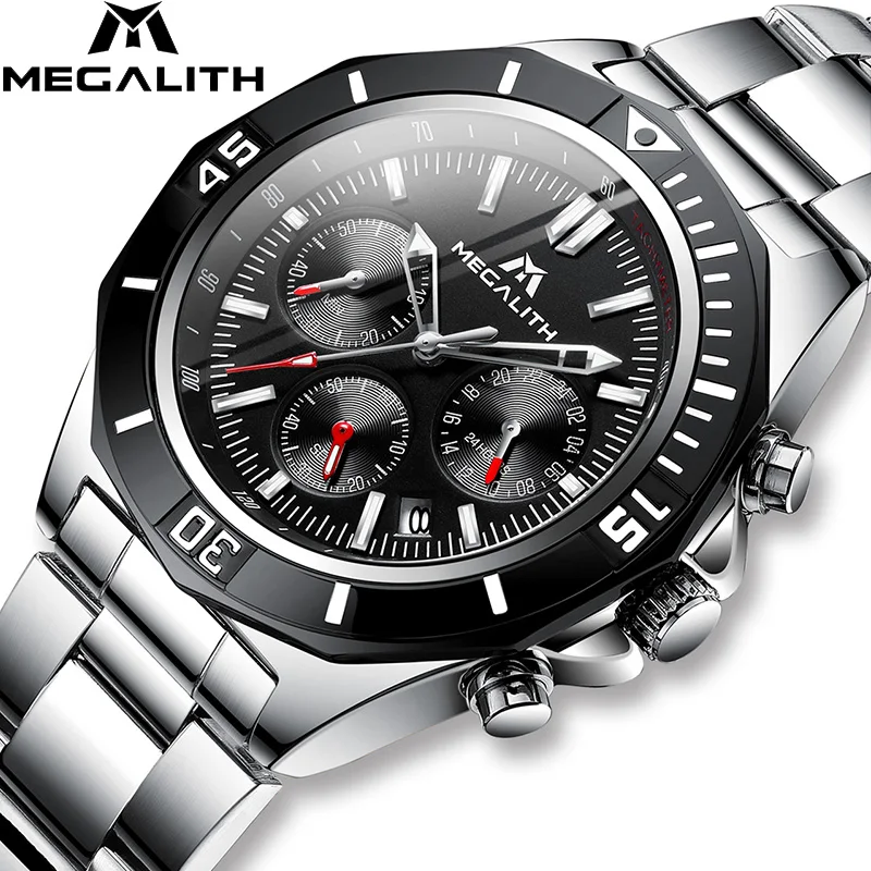 MEGALITH мужские часы Лидирующий бренд Роскошные Кварцевые из нержавеющей стали