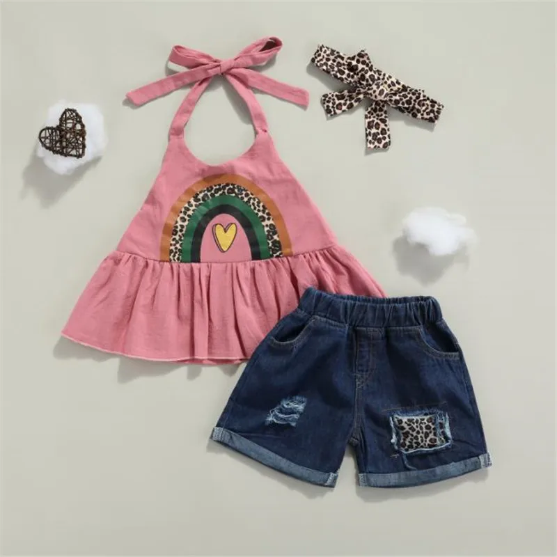2021 Little Girls Vest and Shorts Suit Fashion Summer Clothes Rainbow Halter Tops and Leopard Patchwork Denim Shorts 2-7 Years
2021 Little Girls Vest and Shorts Suit Fashion Summer Clothes Rainbow Halter Tops and Leopard Patchwork Denim Shorts 2-7 Years