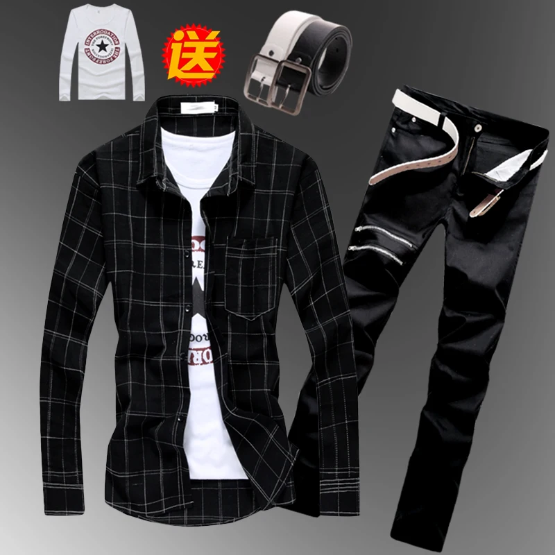 Spring Autumn Boys Mens Checks Plaids Long Sleeve Shirt Pencil Jeans Pants Korean Style Slim Fit Shirts Trousers 2pcs Set B23
Spring Autumn Boys Mens Checks Plaids Long Sleeve Shirt Pencil Jeans Pants Korean Style Slim Fit Shirts Trousers 2pcs Set B23