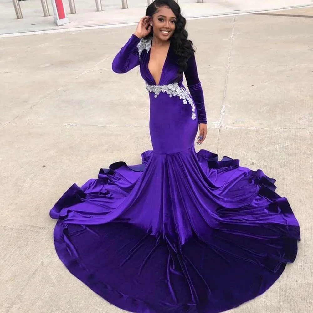 V-neck purple velvet mermaid beaded fashion ball dress sheer deep long-sleeved evening dress plus size sweep train decals
V-neck purple velvet mermaid beaded fashion ball dress sheer deep long-sleeved evening dress plus size sweep train decals