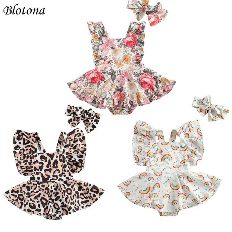 

Blotona Baby Girls 2Pcs Clothes Set, Printed Pattern Sleeveless Square Collar Romper +Headdress Summer Casual Clothes 0-24Months