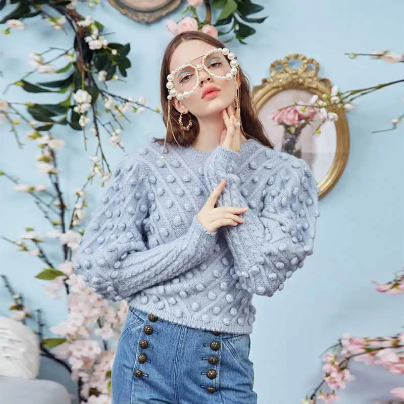 BOHO INSPIRED Women's Blue pullovers Sweaters embellished long sleeve fashion jumpers 2019 autumn winter knitted sweater female | Женская