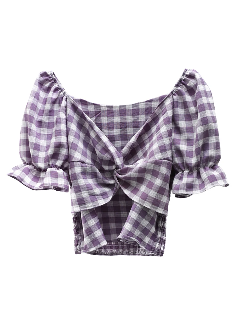 Plaid chiffon shirt women summer short-sleeved 2021 new short sleeved purple puff sleeve top