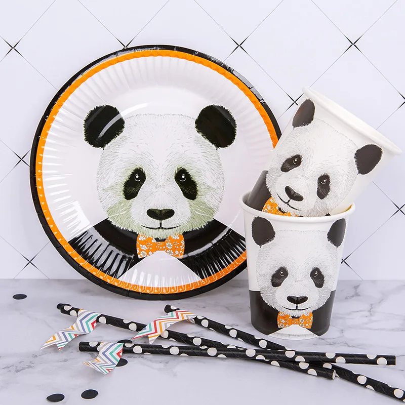 

Одноразовые бумажные стаканчики и бумажные тарелки с изображением черной Золотой панды, набор столовых приборов для дня рождения, праздник...