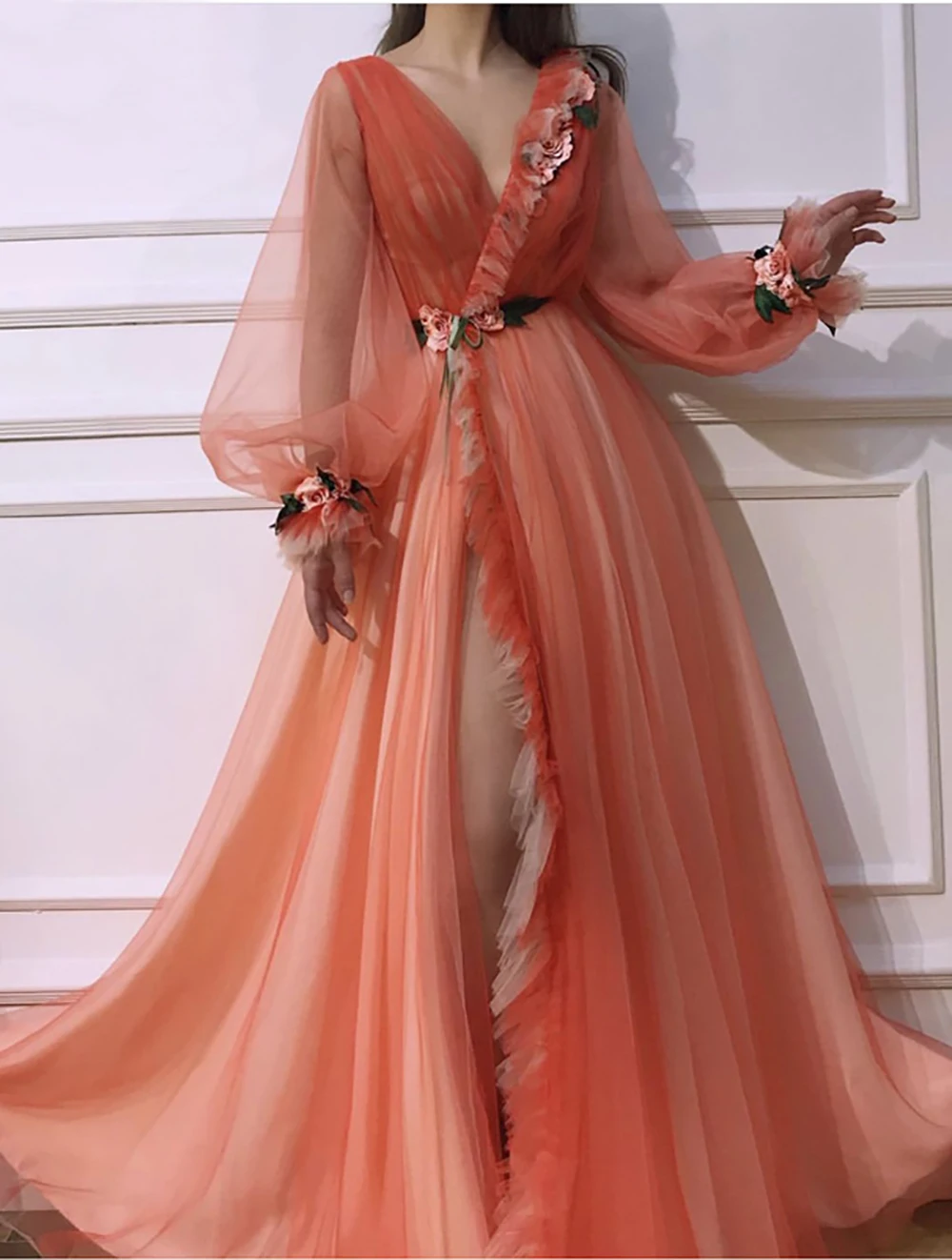 Evening Dresses Long Split Front 3D Flowers Party Dress New Customize Orange A Line Elegant V Neck Robe De Soiree
Evening Dresses Long Split Front 3D Flowers Party Dress New Customize Orange A Line Elegant V Neck Robe De Soiree