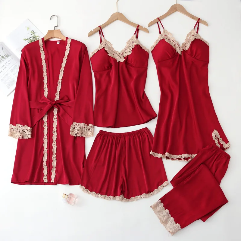 5PCS Pajamas Set Sexy Burgundy Patchwork Lace Wedding Robe Set Soft Silk Satin Bathrobe Nightgown Spring Summer Home Clothes
5PCS Pajamas Set Sexy Burgundy Patchwork Lace Wedding Robe Set Soft Silk Satin Bathrobe Nightgown Spring Summer Home Clothes