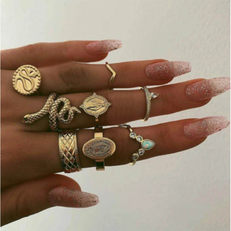 

docona Bohemia Snake Coin Profile Ring for Women Gypsy Geometric Carving Knuckle Midi Rings set Jewelry Anillos 8pcs/set 8852