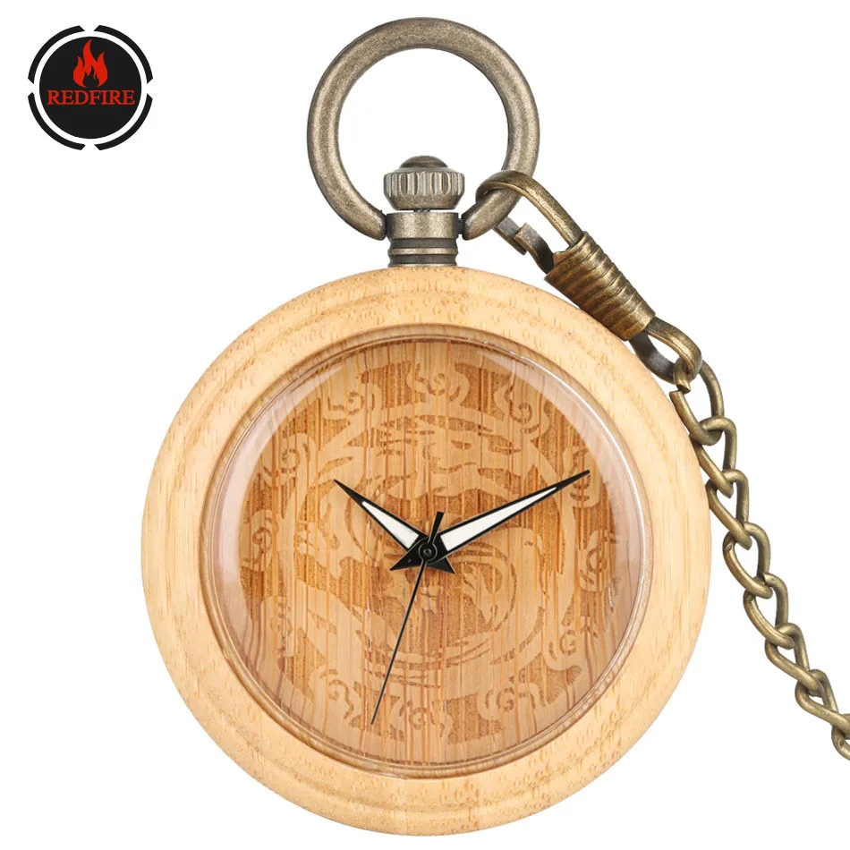 REDFIRE Luminous Hands Engraved Dragon Display Bamboo Wood Pocket Watch Quartz Movement Vintage Pendant Clock Bronze Chain 
REDFIRE Luminous Hands Engraved Dragon Display Bamboo Wood Pocket Watch Quartz Movement Vintage Pendant Clock Bronze Chain