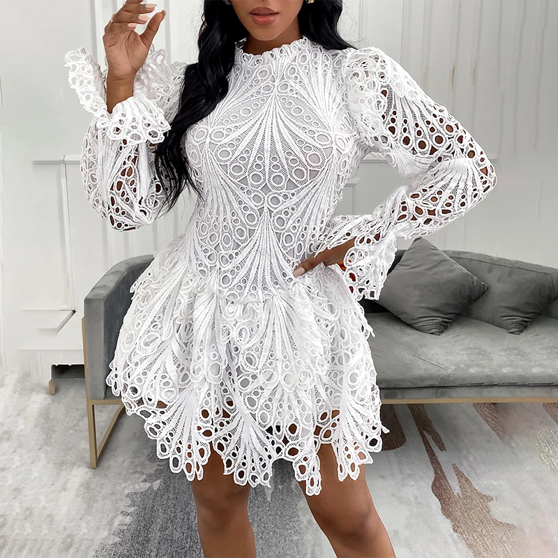 Sexy Lace Mini Dress Female 2021 Fashion Clubwear Crochet Hollow-out Flare Sleeve Lady Party Mini Dresses
Sexy Lace Mini Dress Female 2021 Fashion Clubwear Crochet Hollow-out Flare Sleeve Lady Party Mini Dresses