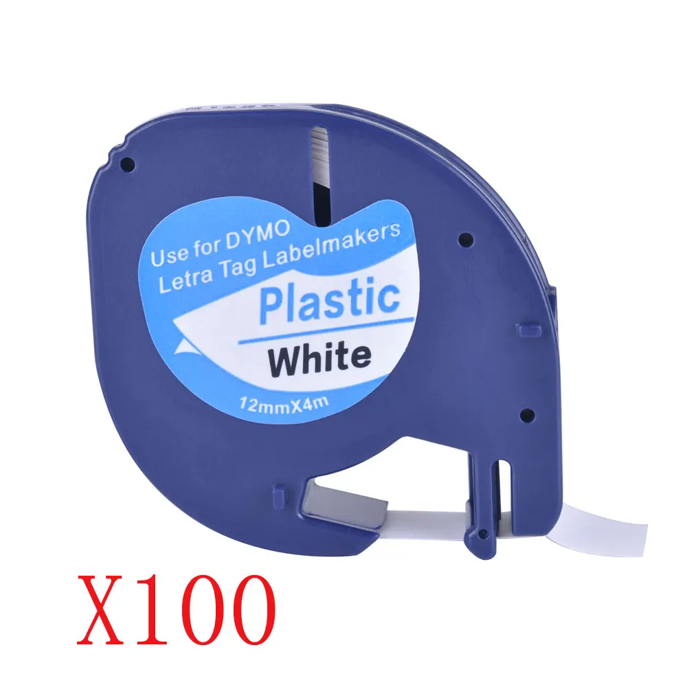100 совместимые черно белые (12 мм x 4 м) пластиковые этикетки для Dymo LetraTag QX 50 XR XM 2000 Plus