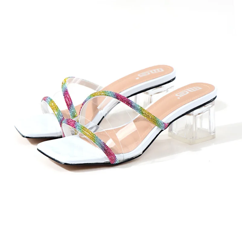 Women's shoes 2020 summer Crystal thick heel women slippers, high heel square toe women's shoes with rhinestones and sandals 
Women's shoes 2020 summer Crystal thick heel women slippers, high heel square toe women's shoes with rhinestones and sandals