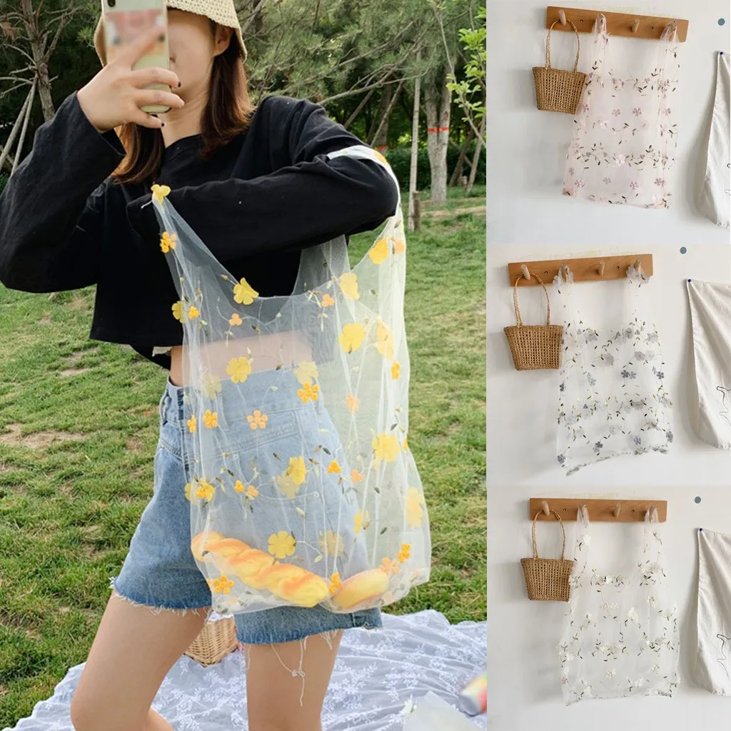 Women Flower Embroidery Shopper Bag Organza Mesh Shopping Shoulder Bags Eco-friendly Folding Portable Grocery Tote Bags
Women Flower Embroidery Shopper Bag Organza Mesh Shopping Shoulder Bags Eco-friendly Folding Portable Grocery Tote Bags