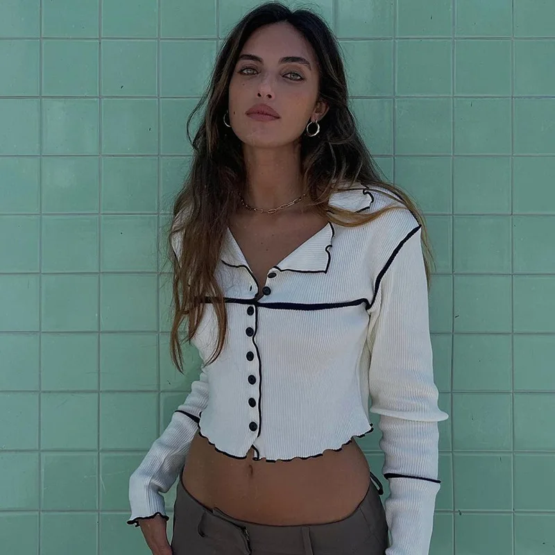Casual Women Clothes Lapel Threaded Stripe Stitching Long Sleeve Tops Street Sexy Navel Breasted Short T-shirt
Casual Women Clothes Lapel Threaded Stripe Stitching Long Sleeve Tops Street Sexy Navel Breasted Short T-shirt