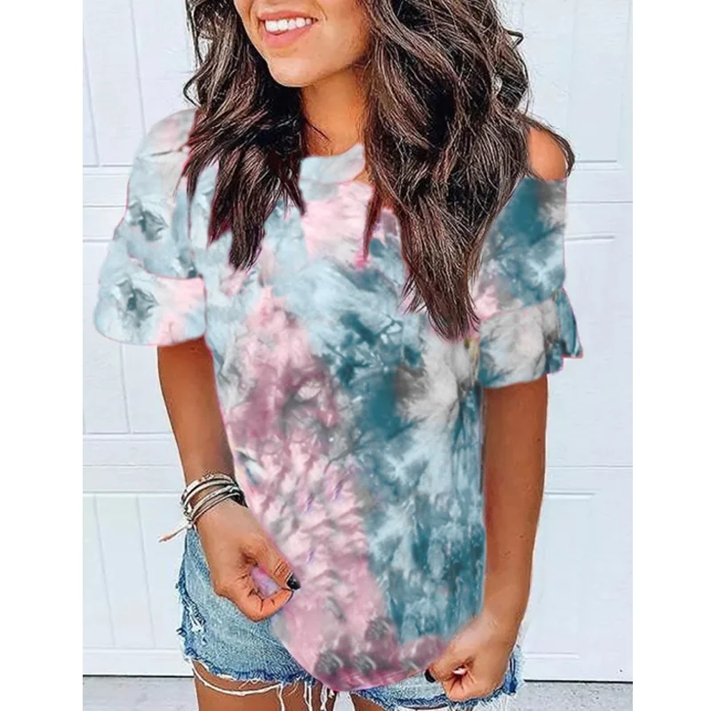 Fashion Women's Tie Dye Printed Shirts Short Sleeve Pleated Sleeve Blouse Sexy One Shoulder Tops Female T Shirt
Fashion Women's Tie Dye Printed Shirts Short Sleeve Pleated Sleeve Blouse Sexy One Shoulder Tops Female T Shirt
