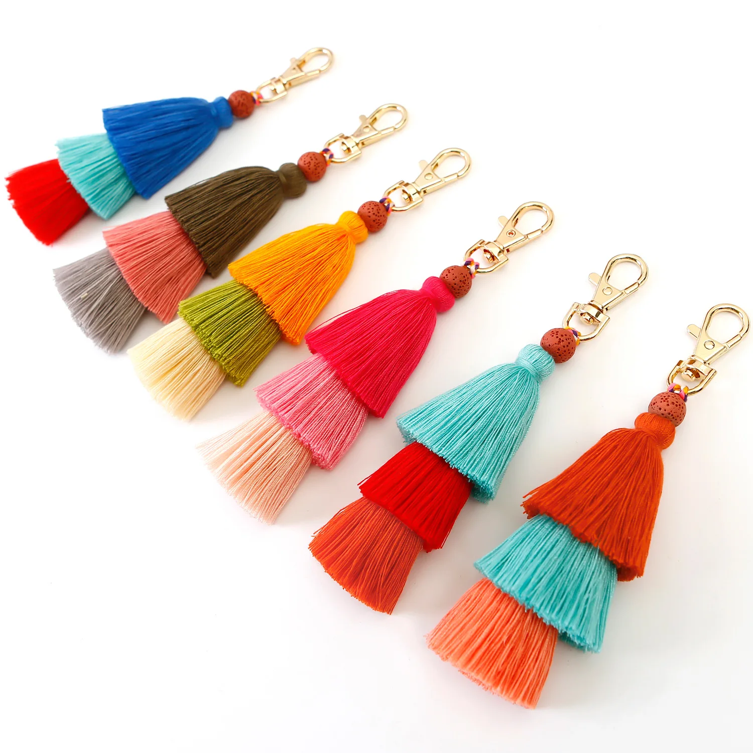 

3 layered / Tier Tassel Charms Keychain Bohemian Chic Style Tiered Fringe Cotton Tassels Keyring/Key Chain 14cm Favours Gifts
