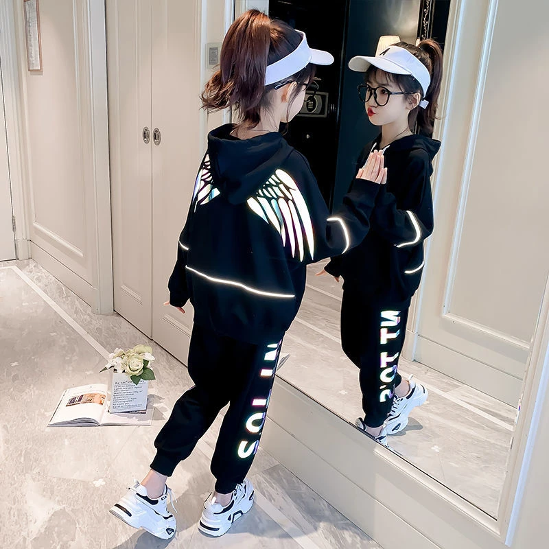 2021 teenager Autumn Children Girl Clothes Suit Reflective Wing Jacket hoodie + Pants 2Pcs tracksuit Kids 6 7 8 9 10 11 12 year | Мать и