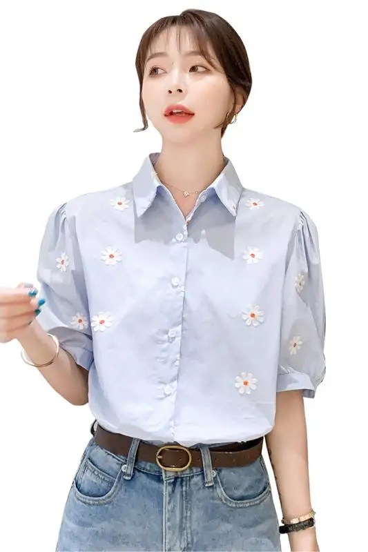 Houthion Women's Blouse Fashion Shirt Tops Summer Korean Embroidered Casual Polo Collar New Short-sleeved Office Lady Blusas
Houthion Women's Blouse Fashion Shirt Tops Summer Korean Embroidered Casual Polo Collar New Short-sleeved Office Lady Blusas