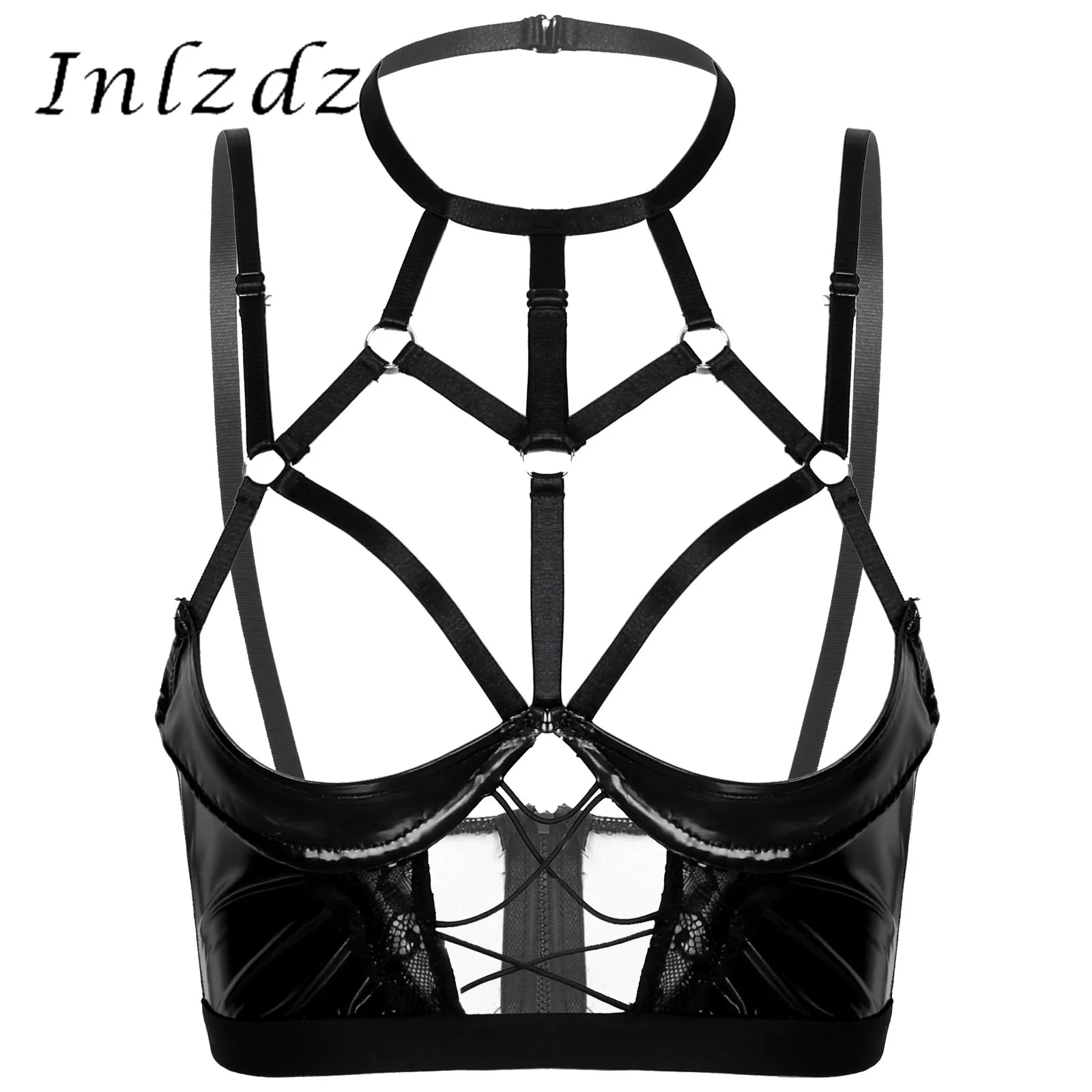 

Womens Halter Neck Lingerie Open Cup Bras Back Zipper Underwire Unlined Hot Brassiere Hollow Out Strappy Patent Leather Bra Tops