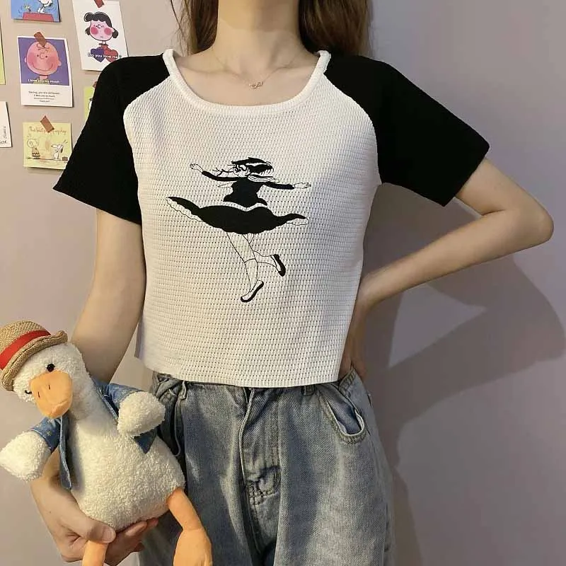 T-Shirt Women knitting Cartoon Printing Tops Harajuku Tshirt Summer Short Sleeve Navel Slim Stitching Korean Short Top Woman
T-Shirt Women knitting Cartoon Printing Tops Harajuku Tshirt Summer Short Sleeve Navel Slim Stitching Korean Short Top Woman