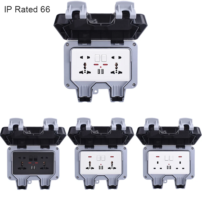 

IP66 Weatherproof Waterproof Outdoor BOX Wall Socket 13A Double Universal / UK Switched Outlet With USB Charging Port