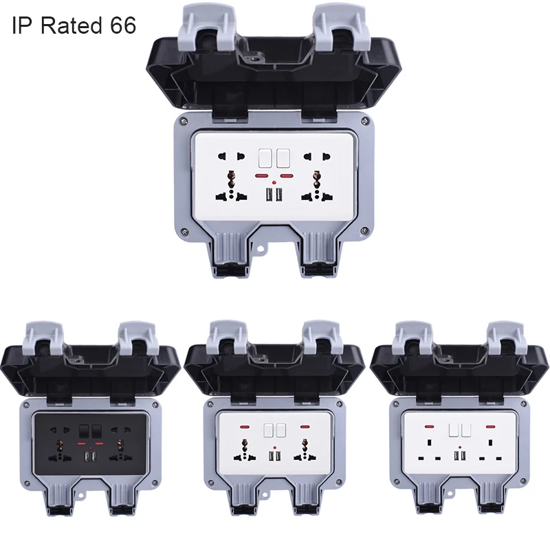 IP66 Weatherproof Waterproof Outdoor BOX Wall Socket 13A Double Universal / UK Switched Outlet With USB Charging Port
IP66 Weatherproof Waterproof Outdoor BOX Wall Socket 13A Double Universal / UK Switched Outlet With USB Charging Port