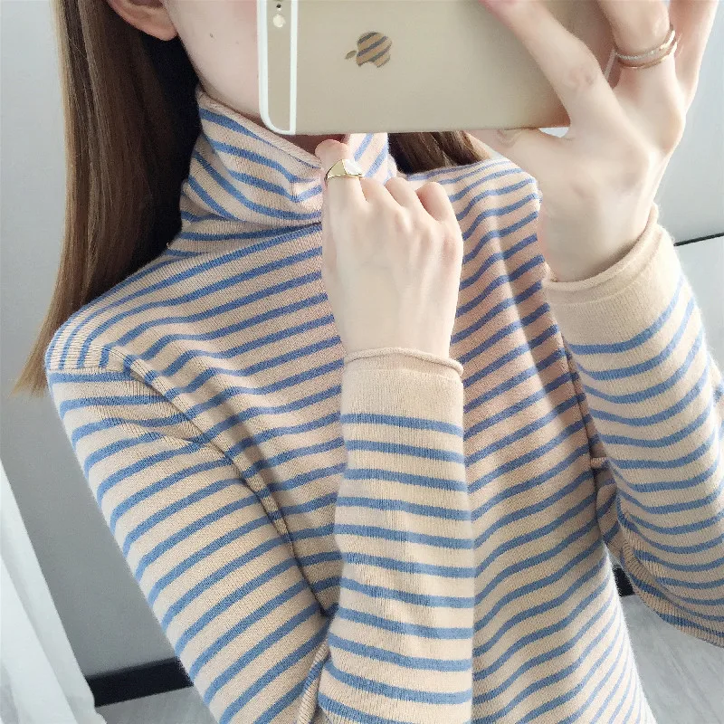 Autumn and winter clothes New all-match striped pile high collar women's sweater foreign style top with knitted base shirt
Autumn and winter clothes New all-match striped pile high collar women's sweater foreign style top with knitted base shirt