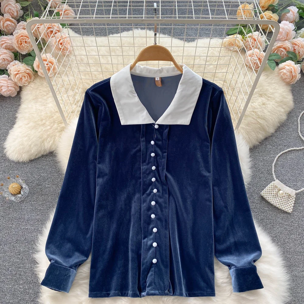 French Velvet Top Women Color Match Turn Down Collar Long Sleeve Basic T-shirt Vintage Style Buttons Pullover Casual Female Tops
French Velvet Top Women Color Match Turn Down Collar Long Sleeve Basic T-shirt Vintage Style Buttons Pullover Casual Female Tops