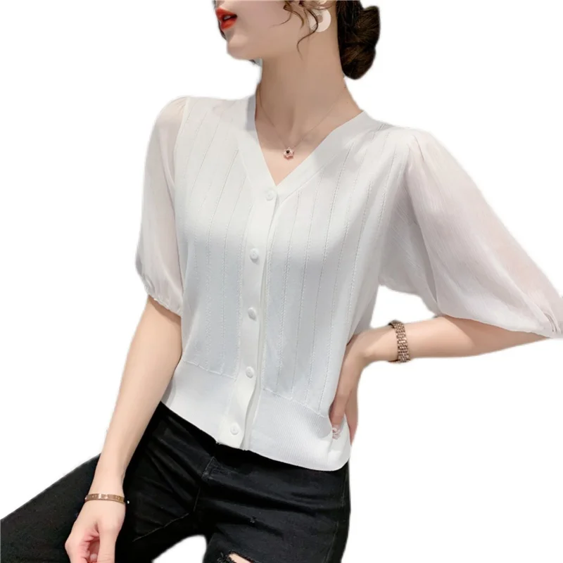 20175 make pure color v-neck splicing knitting cardigan 32 with short sleeves
20175 make pure color v-neck splicing knitting cardigan 32 with short sleeves