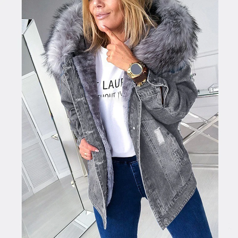 Women Parka Warm Fluffy Collar Hooded Denim Jackets Thick h Lined Warm Long Sleeve Jean Jacket Button d Loose Parkas
Women Parka Warm Fluffy Collar Hooded Denim Jackets Thick h Lined Warm Long Sleeve Jean Jacket Button d Loose Parkas