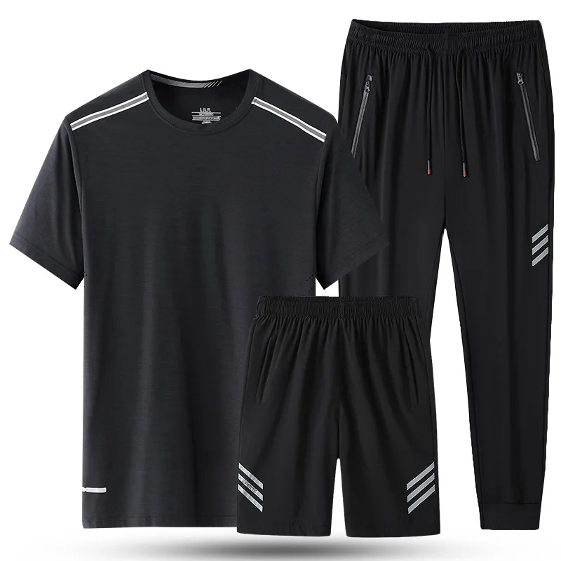 Ice silk short sleeve t-shirt men's 21 summer new casual suit trend loose short sleeve shorts sports three piece suit 
Ice silk short sleeve t-shirt men's 21 summer new casual suit trend loose short sleeve shorts sports three piece suit