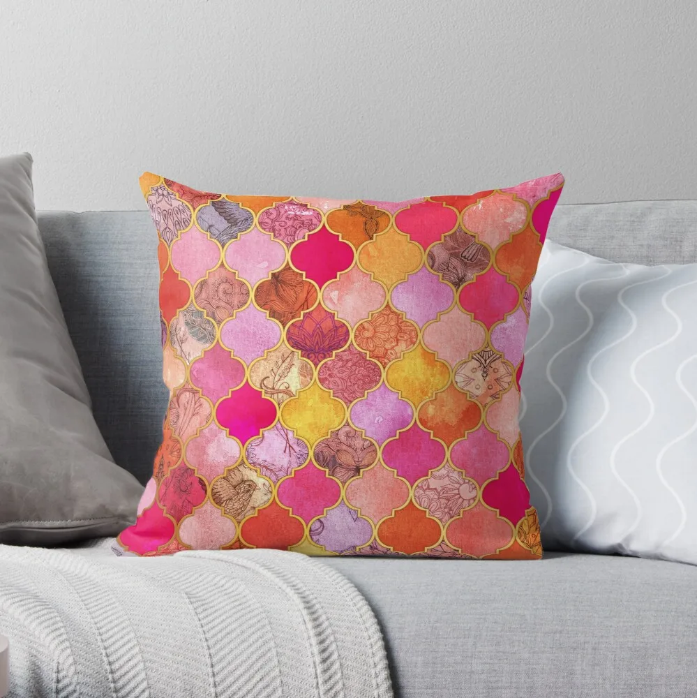 

Hot Pink, Gold, Tangerine & Taupe Decorative Moroccan Tile Pattern Throw Pillow Pillowcase Home Decorative Sofa Pillow Cover