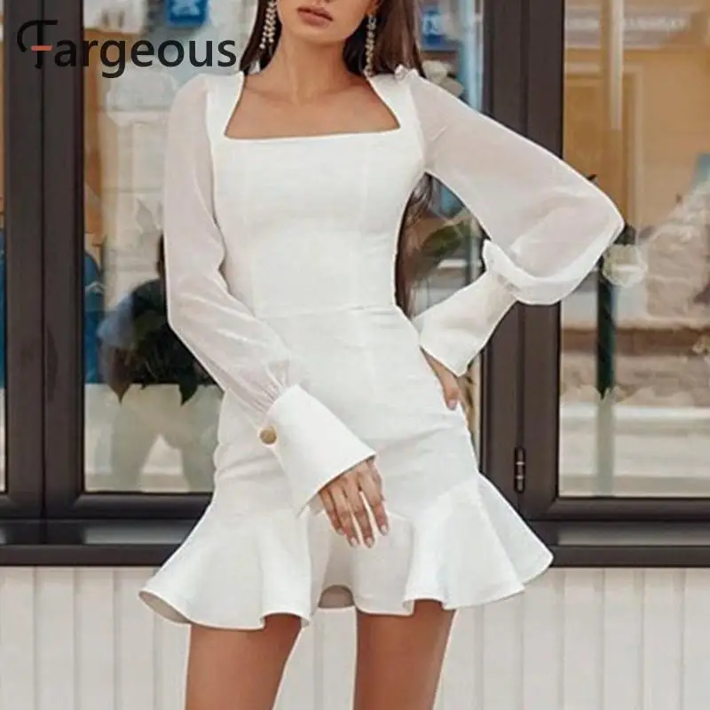 Fargeous Для женщин белые короткие вечерние платья весна Винтаж квадратный воротник