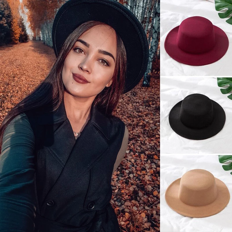 Solid Color Imitation Woolen Hat Women Felt Fedoras Jazz Cap Female Girls Simple Wide Brim Flat Top Hats
Solid Color Imitation Woolen Hat Women Felt Fedoras Jazz Cap Female Girls Simple Wide Brim Flat Top Hats