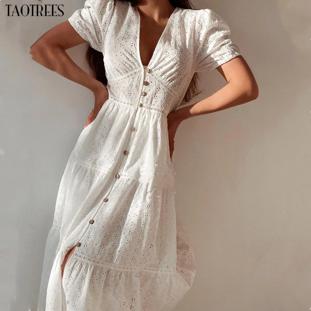 New Women's Single-breasted Long French Retro Hollow Embroidery V-neck Waist Loose White Dress
New Women's Single-breasted Long French Retro Hollow Embroidery V-neck Waist Loose White Dress