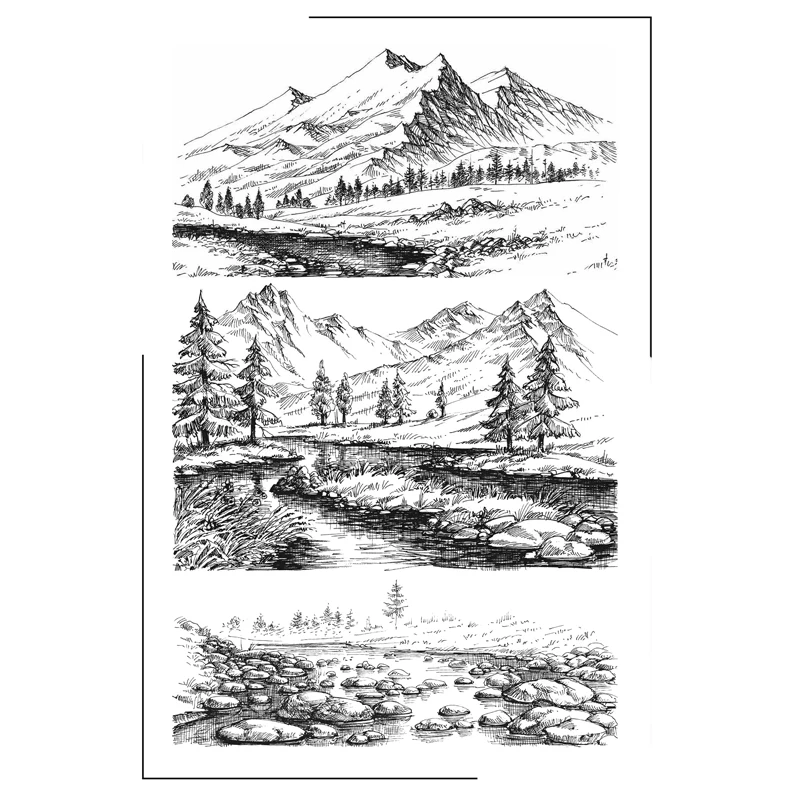 Прозрачные штампы с изображением гор деревьев и пейзажа для скрапбукинга