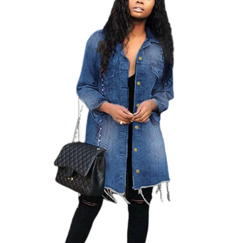 

Женская джинсовая куртка средней длины, синяя приталенная куртка с отложным воротником и карманами, рваная Повседневная ветровка на пугови...