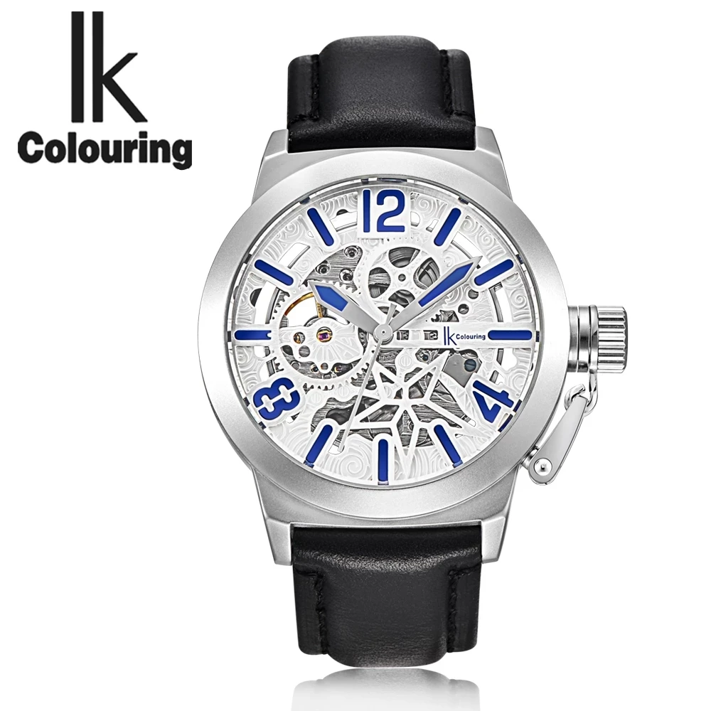 

IK Colouring Men's Automatic Mechanical Watch Hollow Silver Gray Dial Brown Leather Strap Waterproof 30 ATM Men's Sports Watch