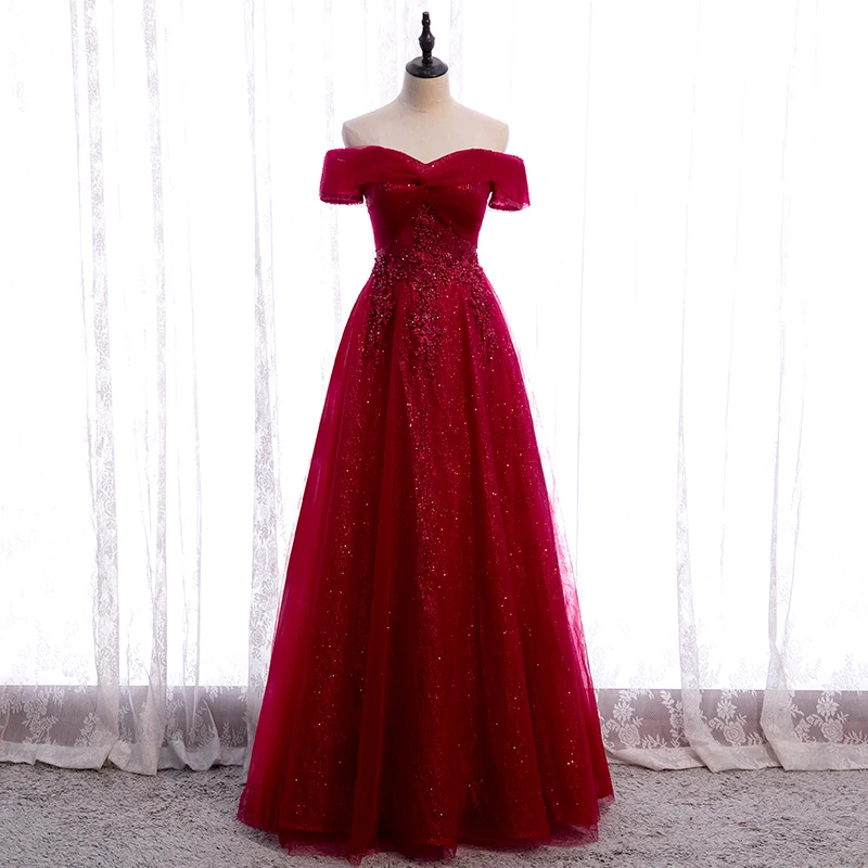 Burgundy Evening Dress New Boat Neck Off The Shoulder Floral Print A-Line Floor-Length Tulle Lace Party Formal Gown Woman B216
Burgundy Evening Dress New Boat Neck Off The Shoulder Floral Print A-Line Floor-Length Tulle Lace Party Formal Gown Woman B216