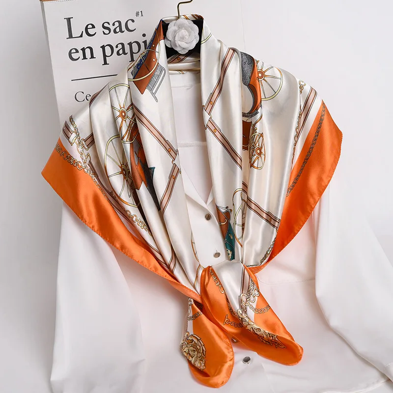 

2021 Шелковый квадратный шарф с принтом для женщин шейный платок мягкая Дамская шаль шейный платок из пашмины бандана весенний хиджаб 90 см ша...
