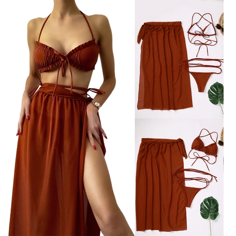 Women Sexy 3pcs Bikini Set Solid Color Halter Ruffled Bra Strappy Thong Swimsuit with Mesh Maxi Beach Skirt Bathing Suit
Women Sexy 3pcs Bikini Set Solid Color Halter Ruffled Bra Strappy Thong Swimsuit with Mesh Maxi Beach Skirt Bathing Suit