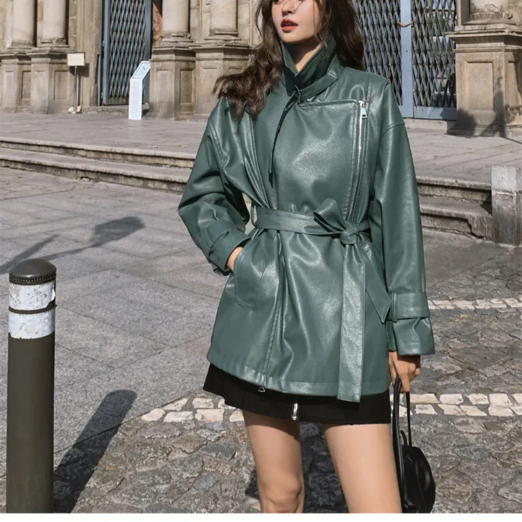 New Spring Autumn Women Faux PU Leather Casual Streetwear Outwear Motorcycle Leather Jacket with Belt Green Biker Coat
New Spring Autumn Women Faux PU Leather Casual Streetwear Outwear Motorcycle Leather Jacket with Belt Green Biker Coat