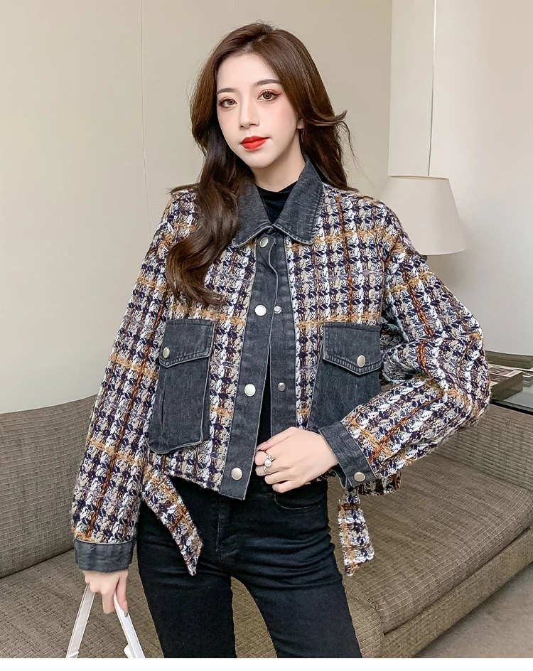 Vintage Tide New Spring Autumn Denim Patchwork Houndstooth Long Sleeved Small Fragrant Wind Jackets Female Lapel Streetwear Coat
Vintage Tide New Spring Autumn Denim Patchwork Houndstooth Long Sleeved Small Fragrant Wind Jackets Female Lapel Streetwear Coat