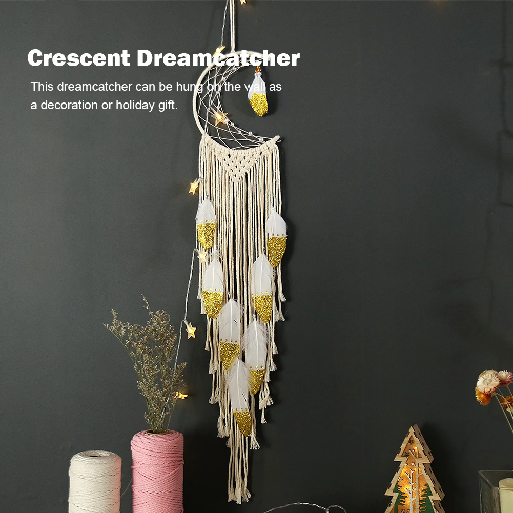 Crescent Dream Catcher Handmade with Gold Feather Hanging Ornament Wall Props Room Anniversary Gifts Supplies 
Crescent Dream Catcher Handmade with Gold Feather Hanging Ornament Wall Props Room Anniversary Gifts Supplies
